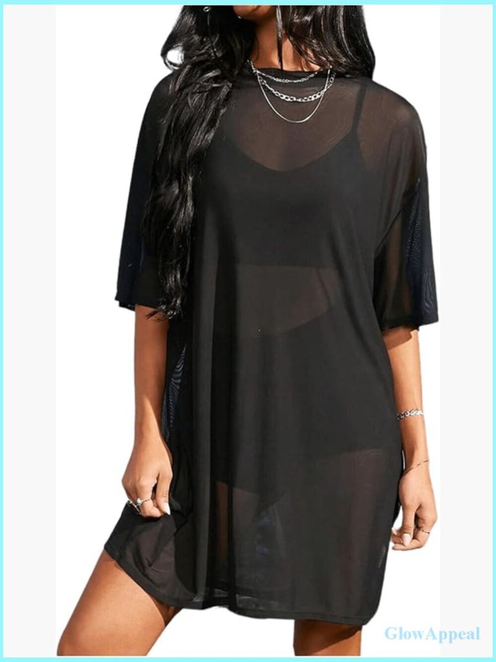 Sheer Mesh Loose Fit Beach Cover Up Dress Half Sleeve